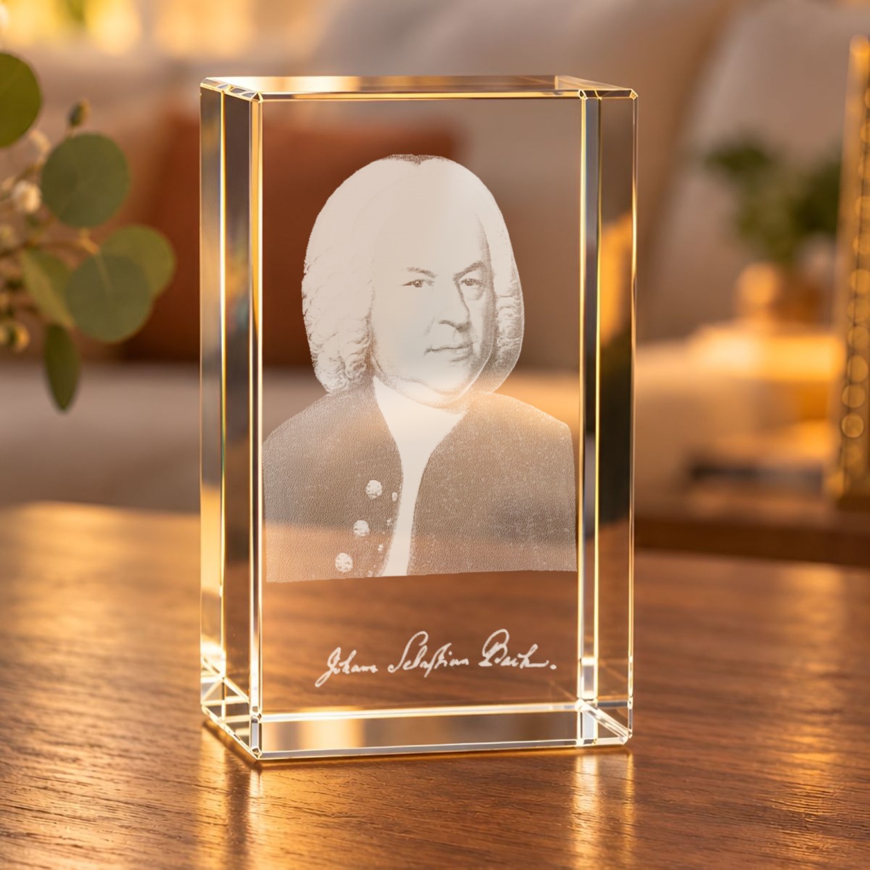 Glaskristall Johann Sebastian Bach mit 3D-Porträt und Autogramm, im Wohnraum auf einem Holztisch im warmen Licht