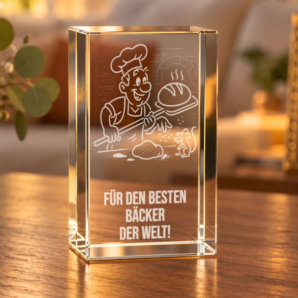 Glaskristall Bäcker mit 3D-Laserinnengravur auf einem Holztisch im Wohnraum bei warmem Licht