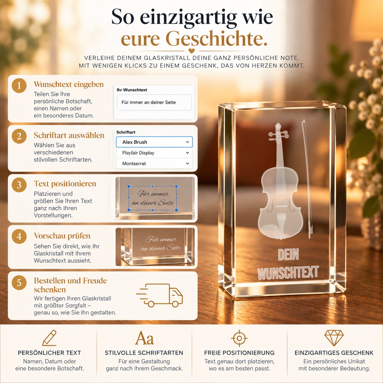 3D Glasquader | Violine mit Wunschnamen | Geschenk für Violinist Violinistin | Musiker | Orchester | Geige |Geiger – Personalisierung