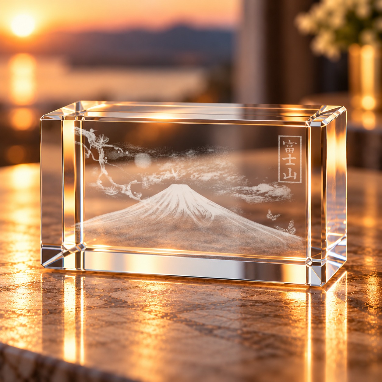 3D-Glaskristall Mount Fuji mit Laser-Innengravur auf einem Tisch im Wohnraum bei warmem Abendlicht