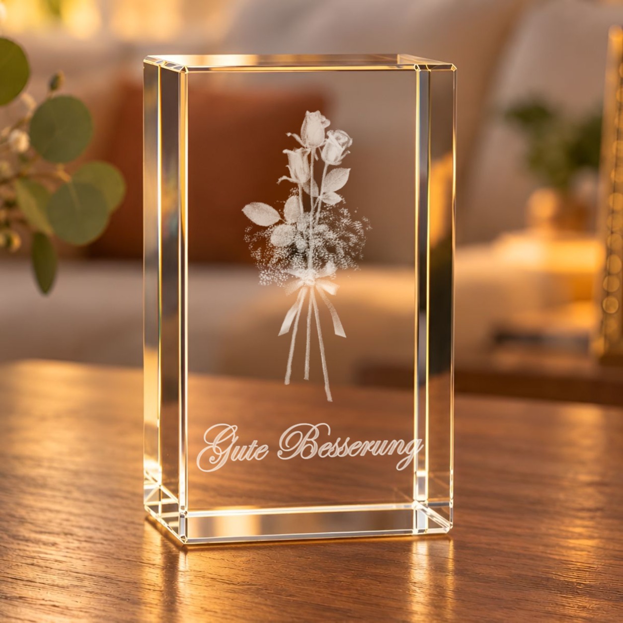 Glaskristall Gute Besserung mit 3D-Rosenstrauß und Schriftzug auf einem Holztisch im Wohnzimmer