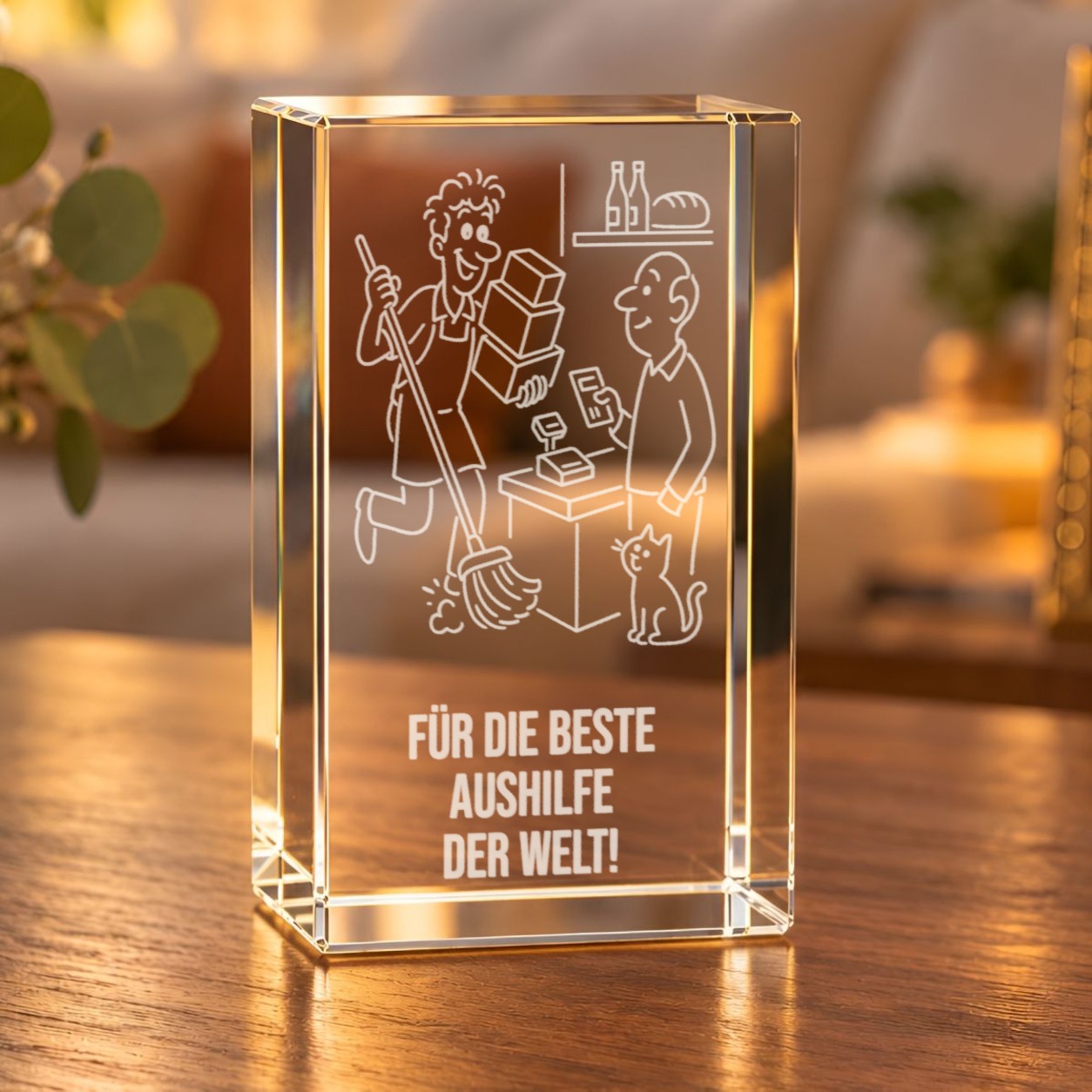 Glaskristall Aushilfe mit 3D-Laserinnengravur auf einem Holztisch im Wohnraum, Motiv: Aushilfe mit Mopp und Kartons im Laden