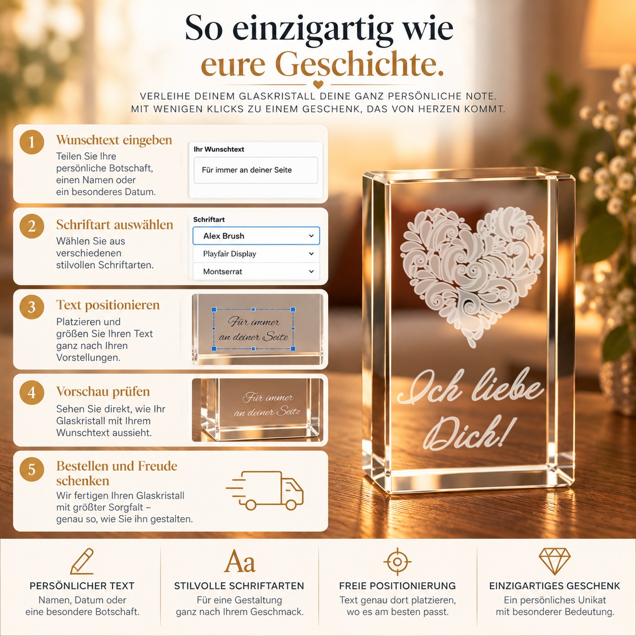 3D Glasquader I Verziertes Herz I Text: Ich liebe Dich! – Personalisierung