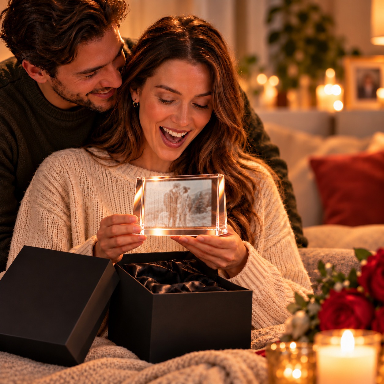 Glaskristall mit Foto-Gravur als personalisiertes Fotogeschenk, klares Glas mit Facettenkanten in Detailansicht