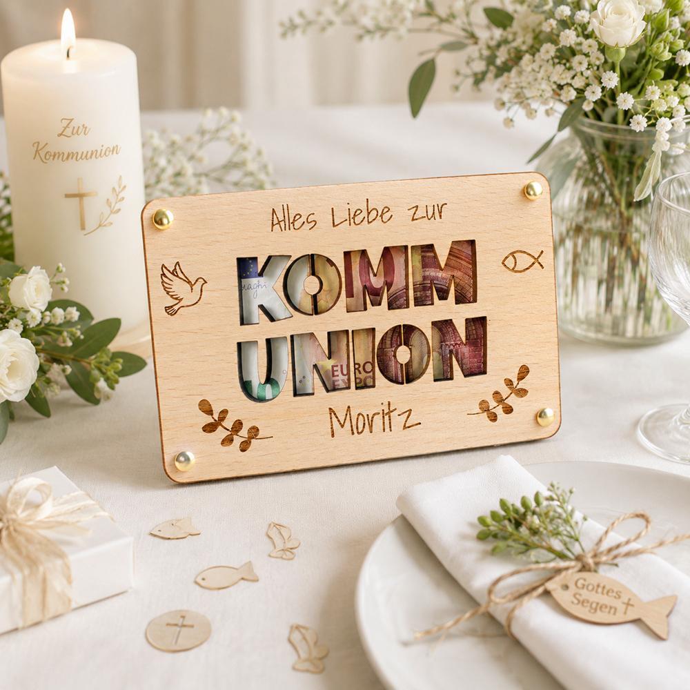 Geldgeschenk zur Kommunion aus Holz - Personalisierte Geschenkverpackung mit Name | Kommunion