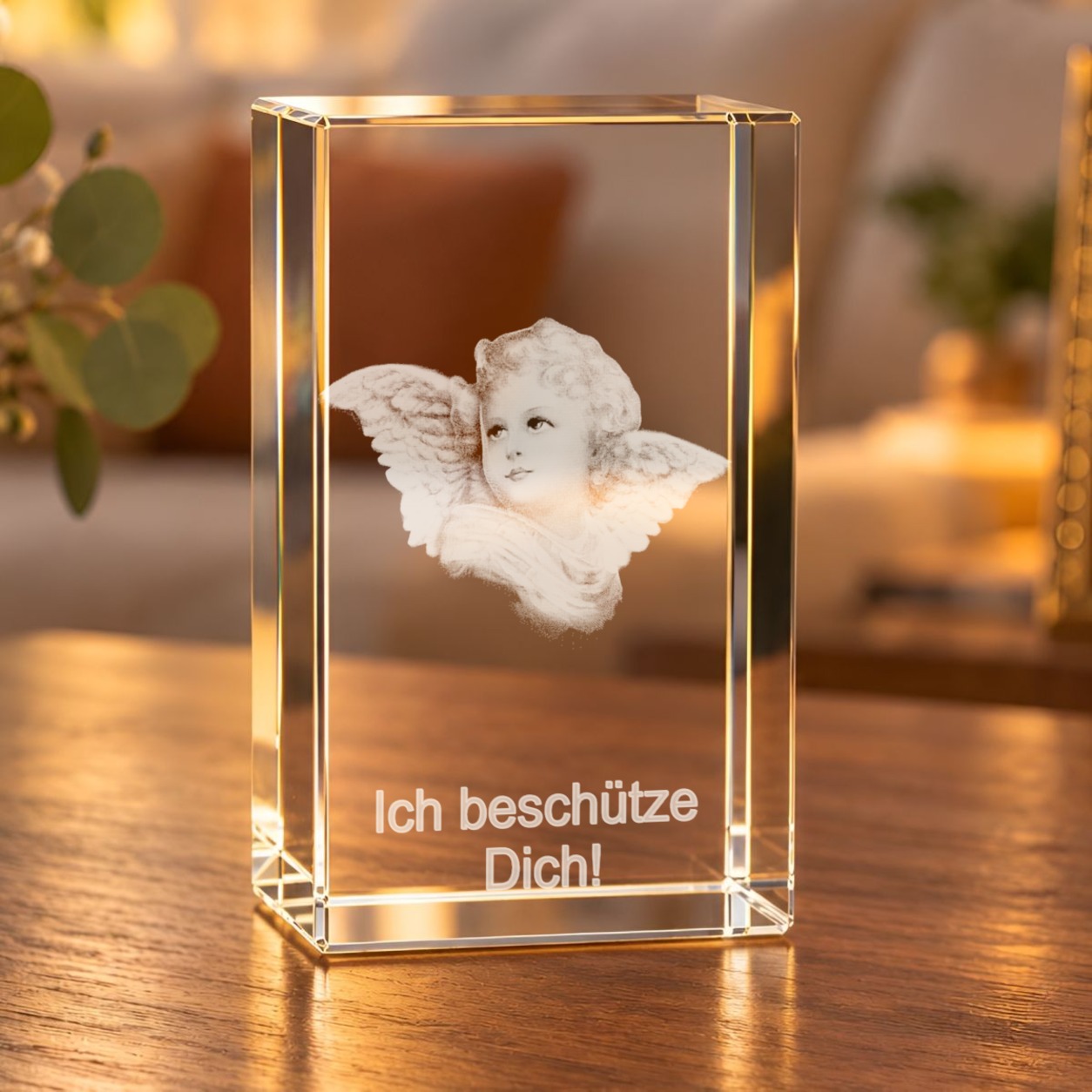 Glaskristall Engel mit Schutzspruch „Ich beschütze Dich!“ als 3D-Innengravur, auf einem Holztisch im warm beleuchteten Wohnzimmer