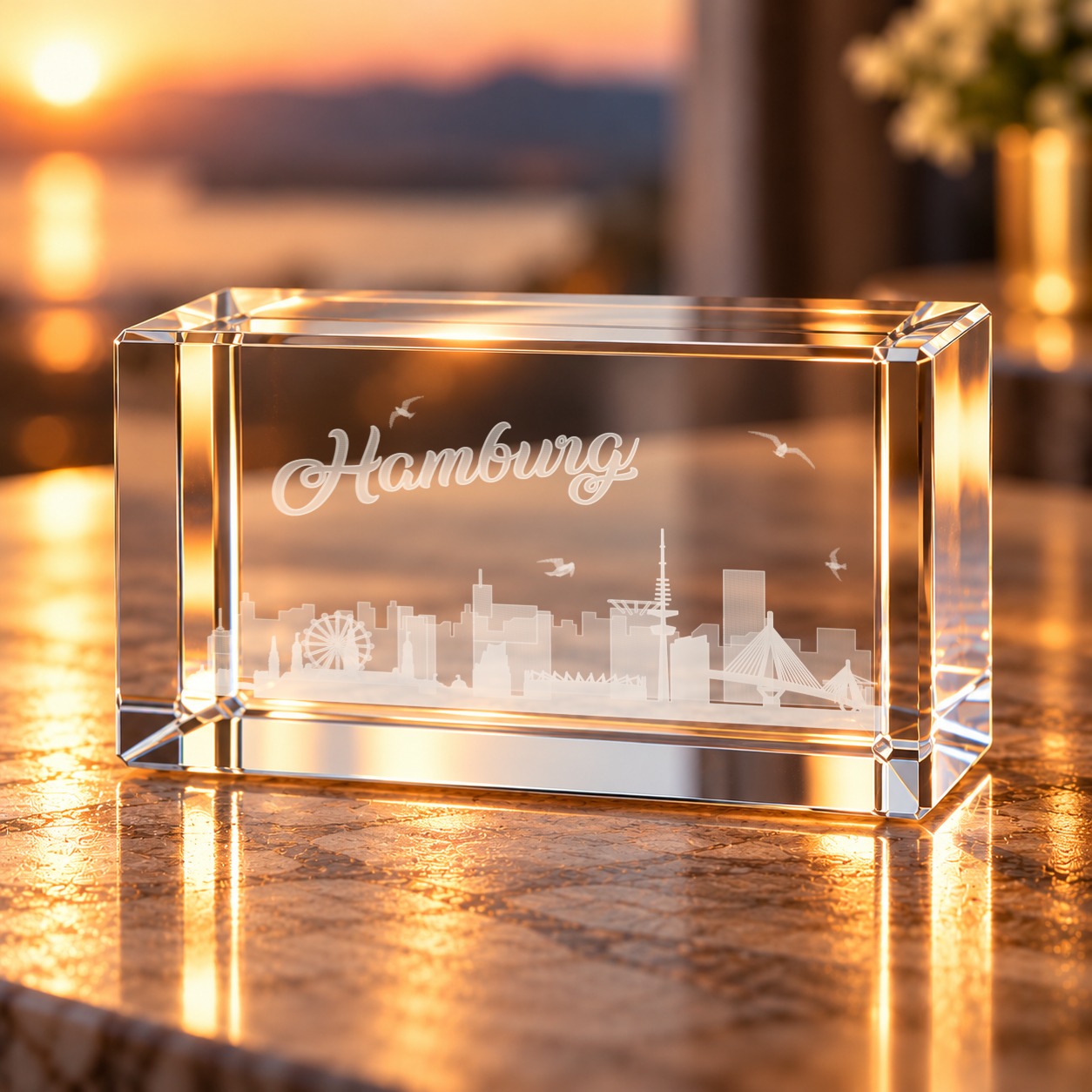 Glaskristall Hamburg Skyline mit 3D-Laserinnengravur auf einer Tischfläche im warmen Abendlicht