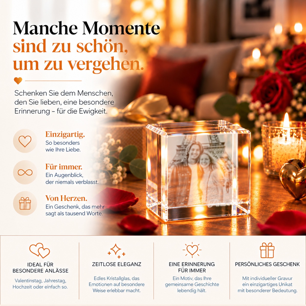 Personalisierter Glaskristall Würfel mit Foto und Wunschtext als Fotogeschenk