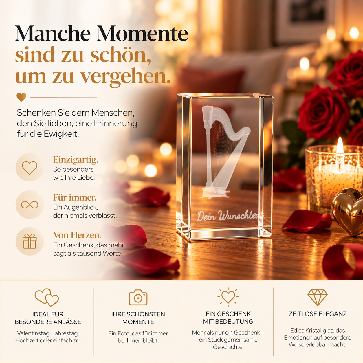 Glaskristall Harfe mit Wunschtext als personalisiertes Geschenk für Musiker, Seitenansicht des Glasquaders