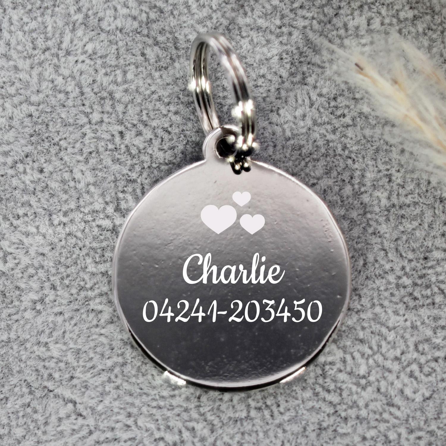 Hundemarke rund mit Gravur in Blau - personalisierte Tiermarke