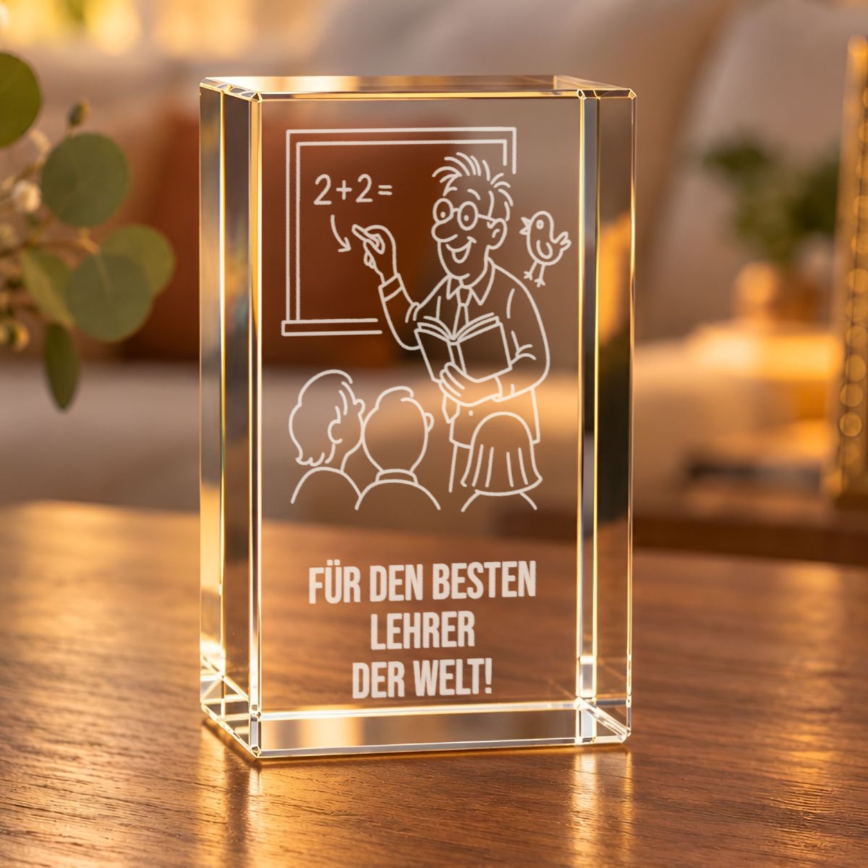 Glaskristall Lehrer mit 3D-Laserinnengravur auf einem Holztisch im Wohnraum bei warmem Licht