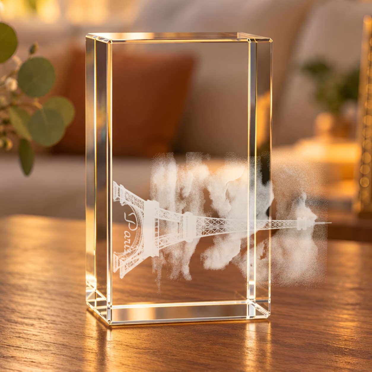 Glaskristall Eiffelturm mit 3D-Innengravur auf einem Holztisch im Wohnzimmer