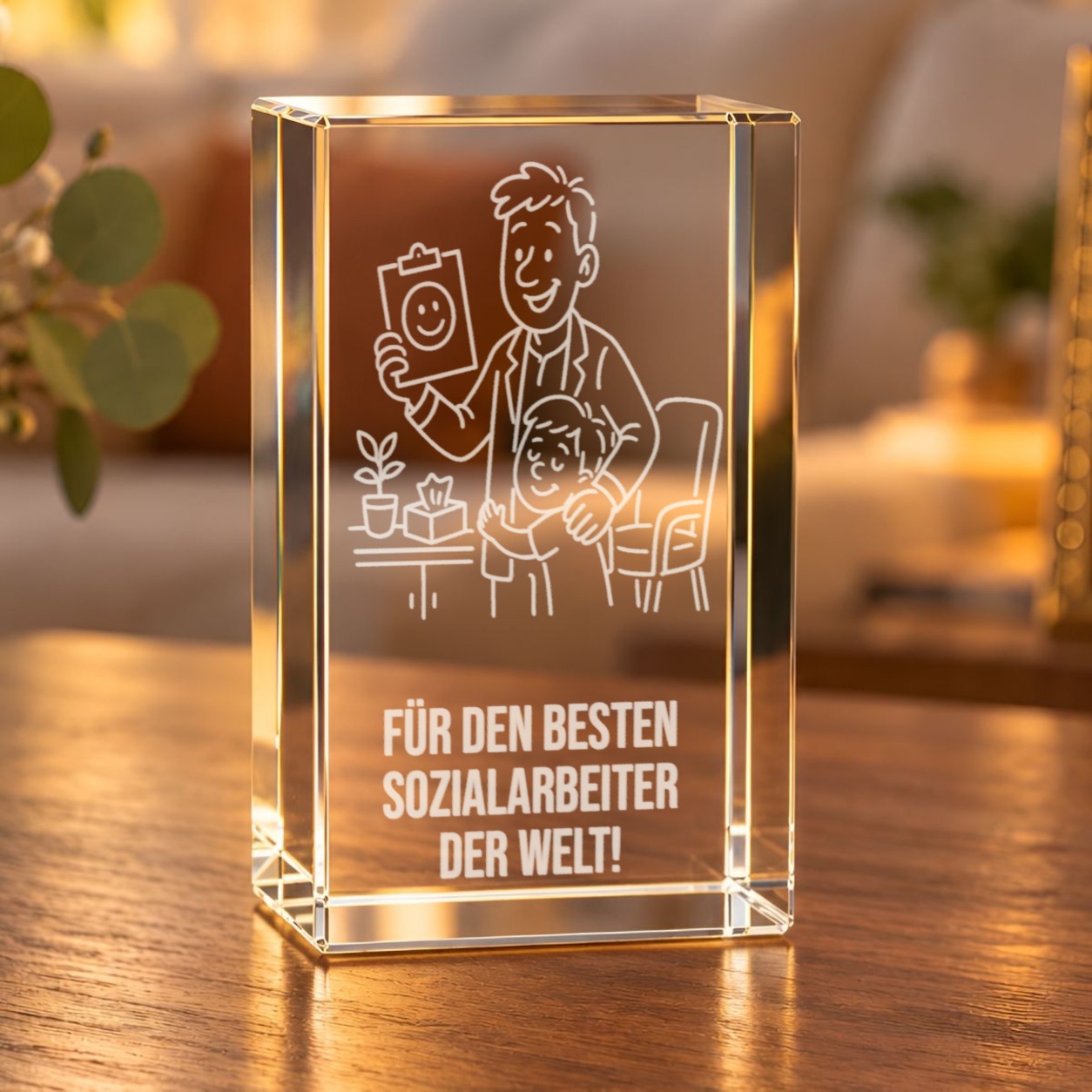 Glaskristall Sozialarbeiter: Glasquader mit 3D-Laserinnengravur, Sozialarbeiter mit Klemmbrett und Kind, auf einem Holztisch im Wohnzimmer
