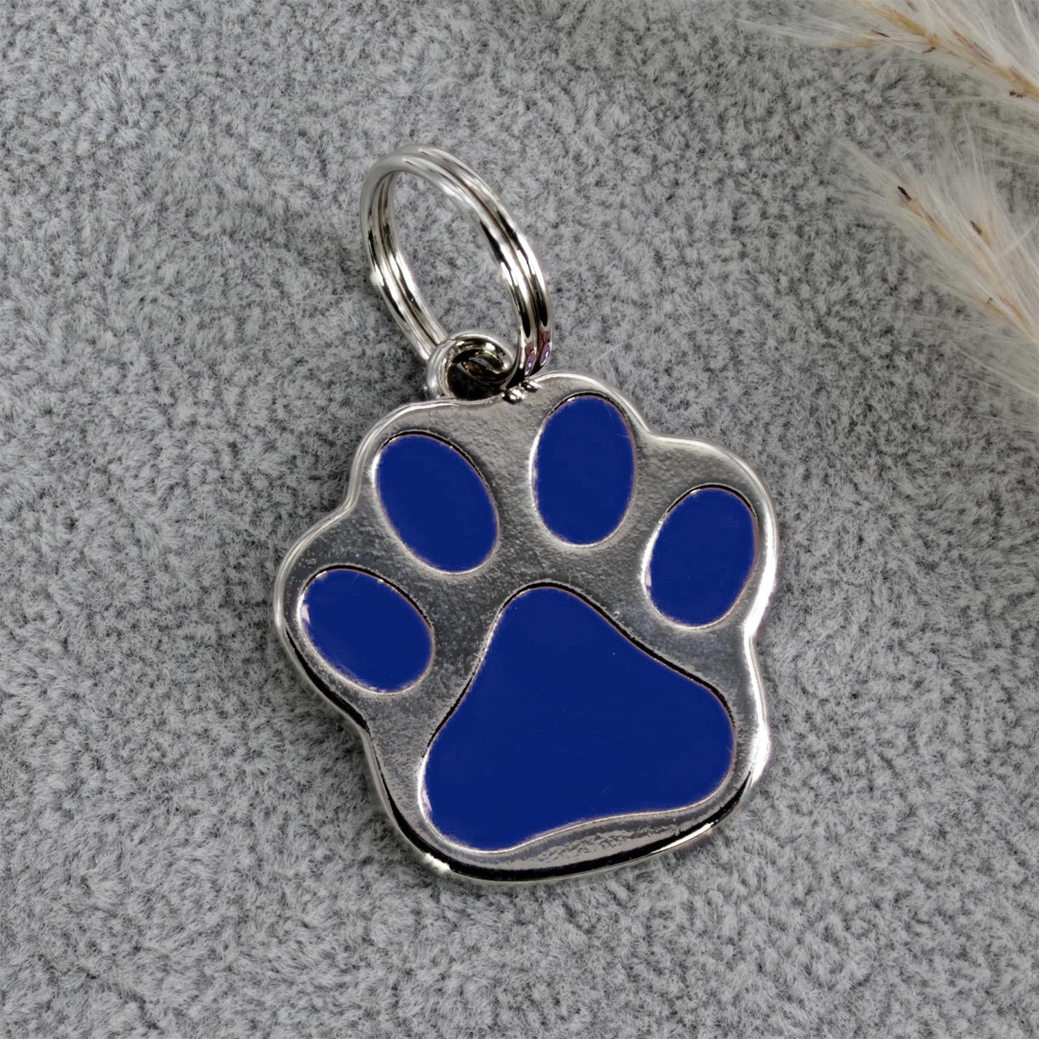Hundemarke Pfote mit Gravur in Blau - personalisierte Tiermarke