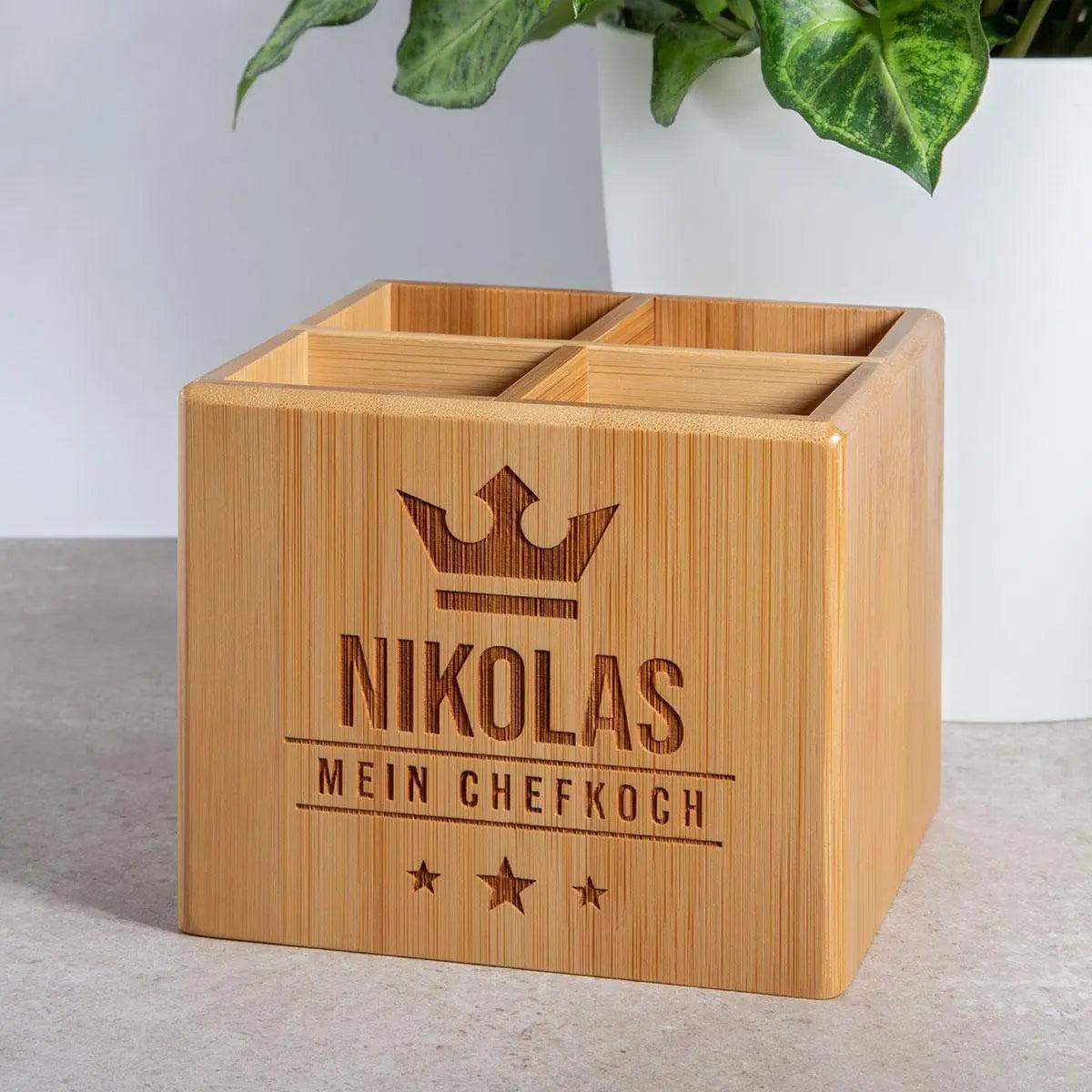 Kochlöffel-Set mit Aufbewahrungsbox und Gravur aus Bambus