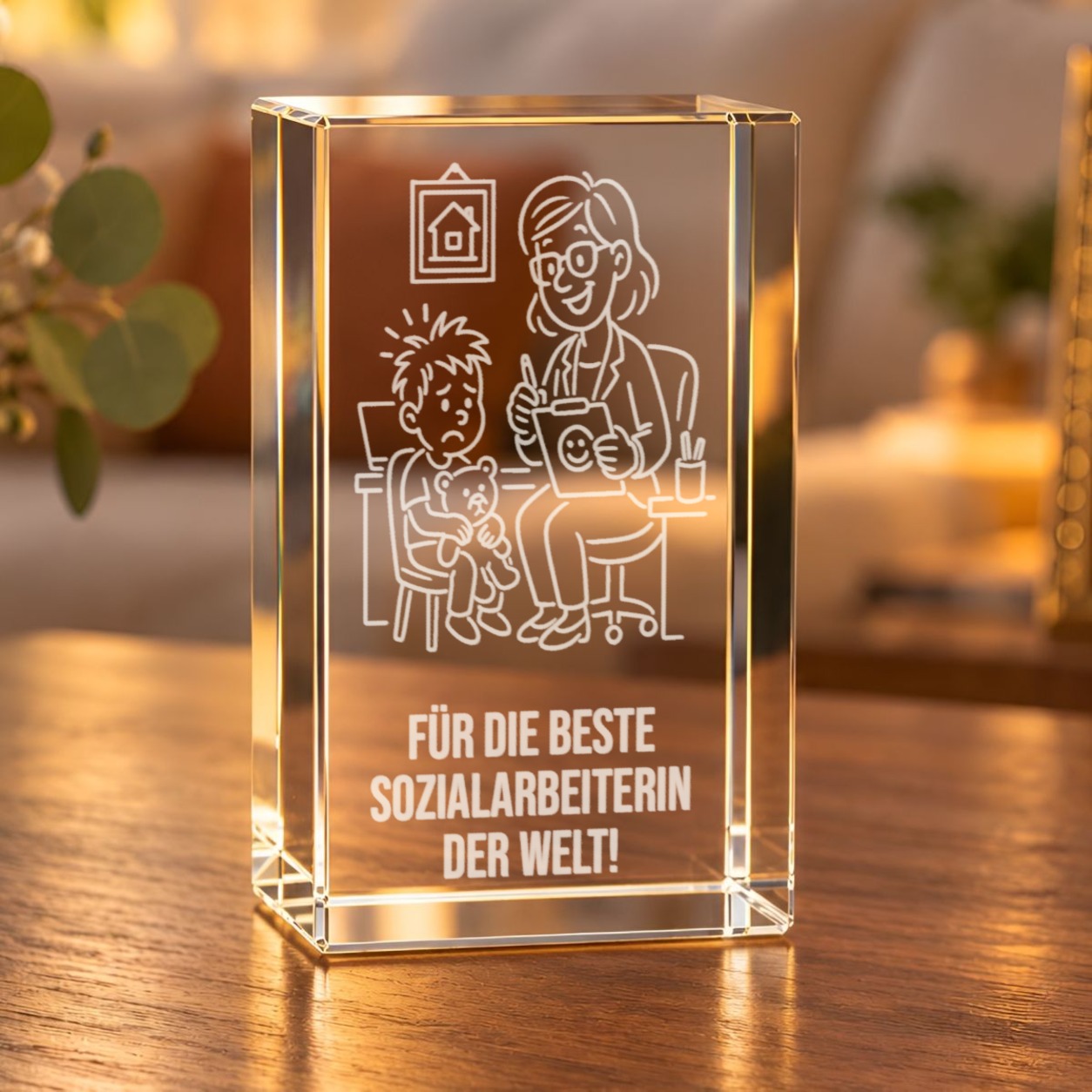 Glaskristall Sozialarbeiterin mit 3D-Lasergravur auf einem Holztisch im Wohnzimmer, Motiv mit Sozialarbeiterin, Kind und Teddy