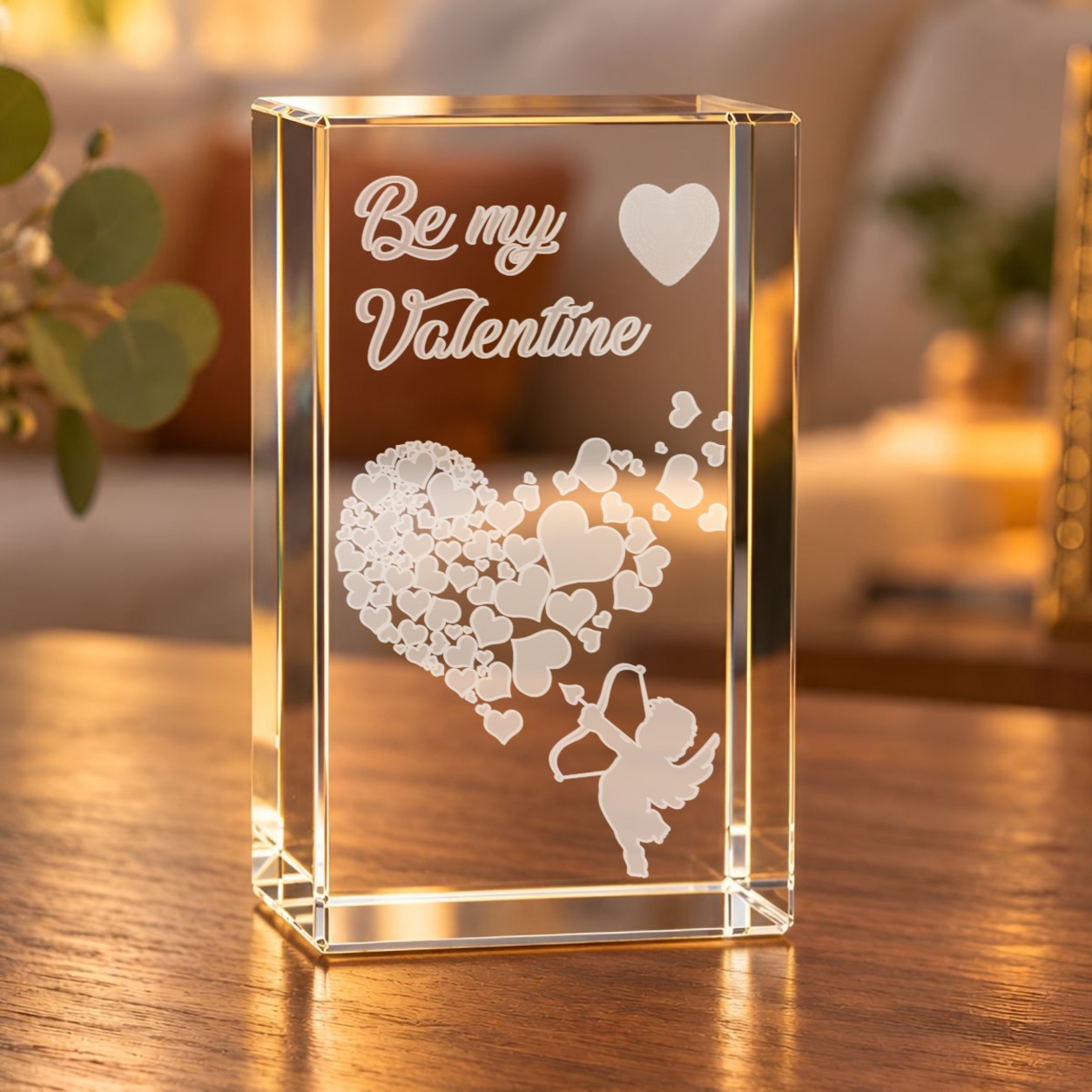 Glaskristall Valentinstag mit 3D-Gravur von Amor, Herzen und dem Schriftzug „Be my Valentine“ auf einem Holztisch im Wohnraum