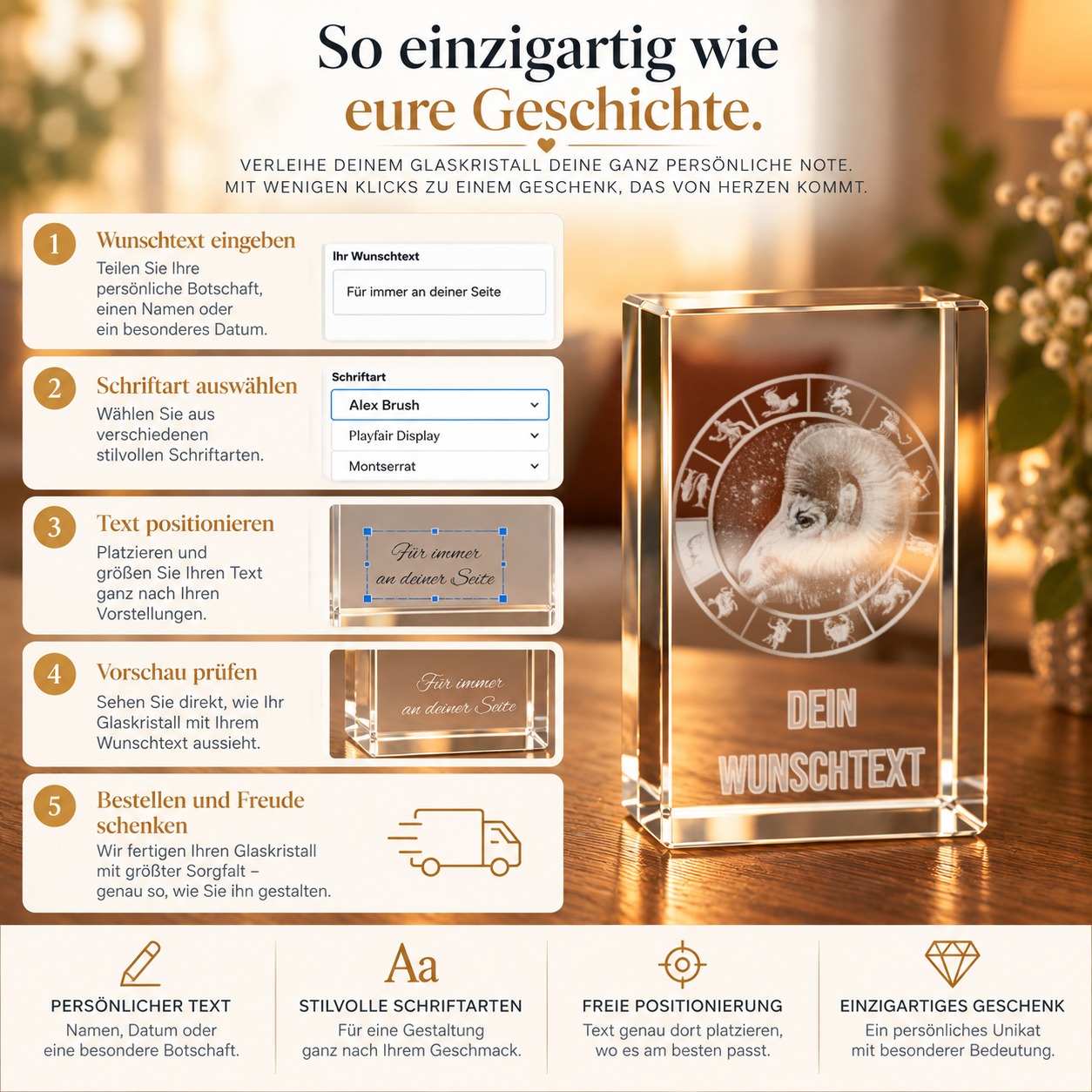 3D Glasquader Motiv: Sternzeichen Widder + Wunschtext – Personalisierung