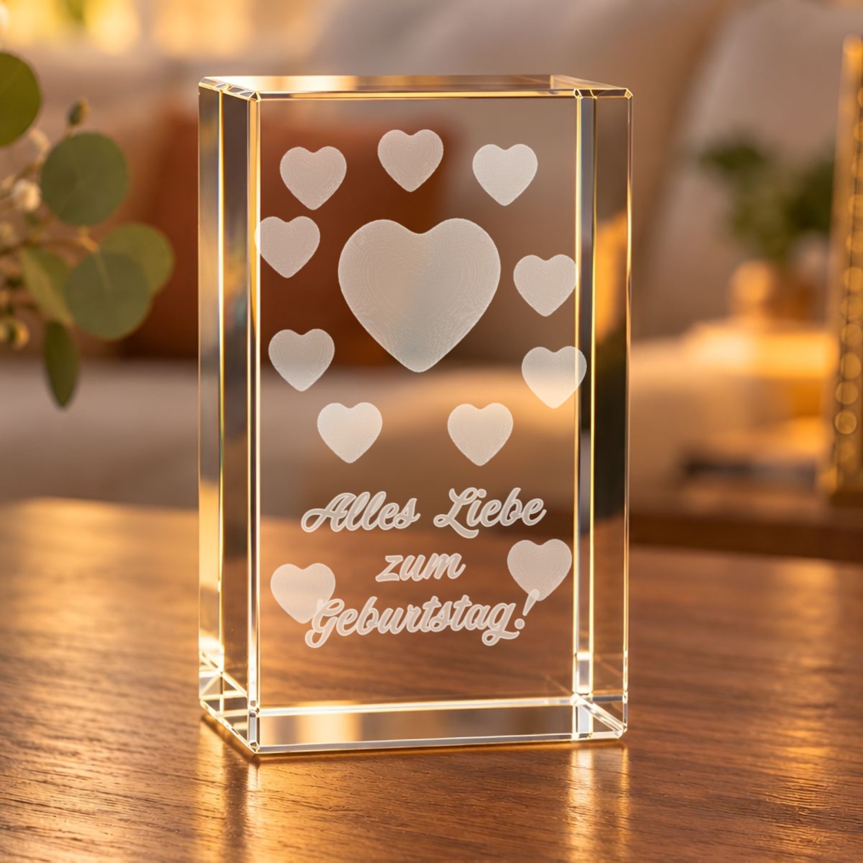 Glaskristall zum Geburtstag mit vielen gravierten 3D-Herzen und dem Schriftzug „Alles Liebe zum Geburtstag!“ auf einem Holztisch im Wohnraum