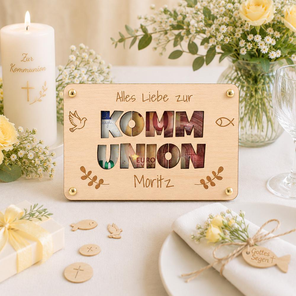 Geldgeschenk zur Kommunion aus Holz - Personalisierte Geschenkverpackung mit Name | Kommunion
