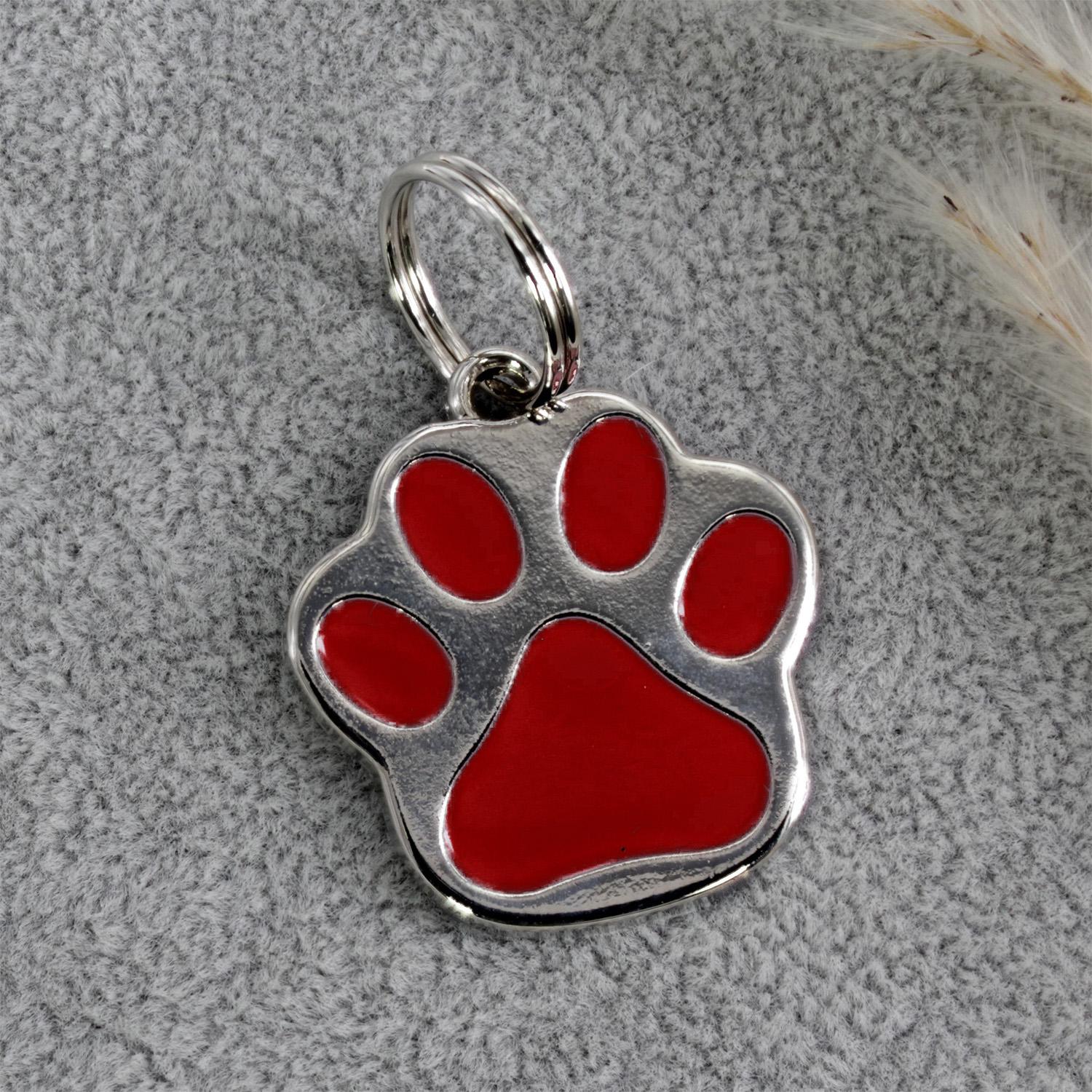 Hundemarke Pfote mit Gravur in Rot - personalisierte Tiermarke