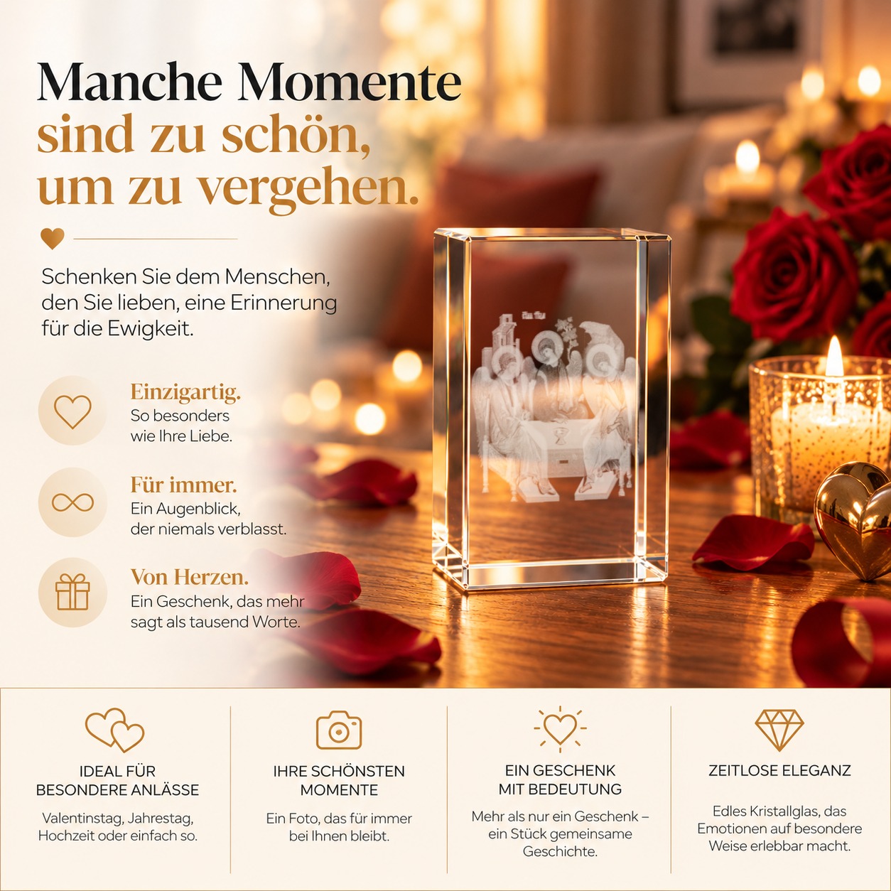Glasquader aus optischem Kristallglas mit geschliffenen Kanten und Laserinnengravur eines religiösen Motivs