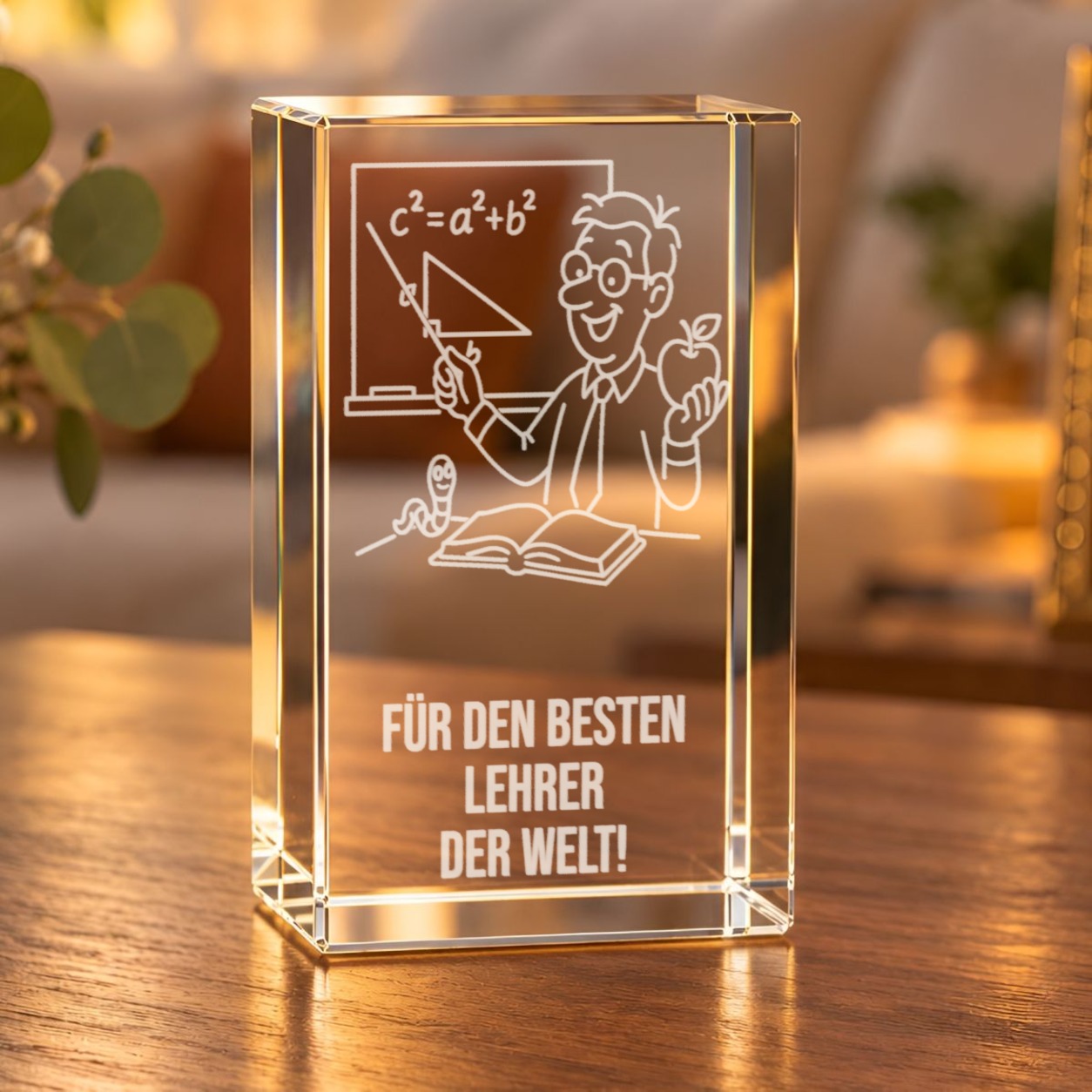 Glaskristall Lehrer mit 3D-Laserinnengravur eines Lehrers an der Tafel, auf einem Holztisch im Wohnraum