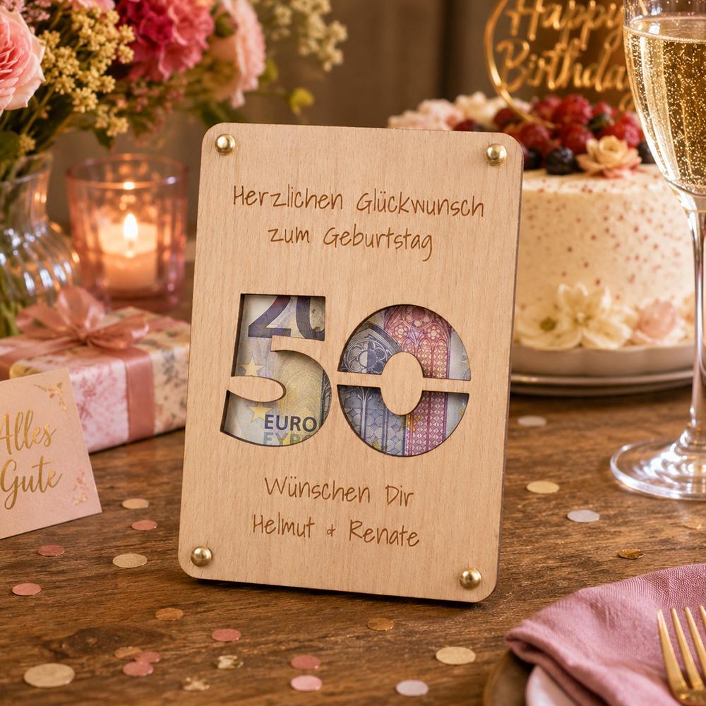 Geldgeschenk zum Geburtstag aus Holz - Personalisierbar mit Alter und Namen