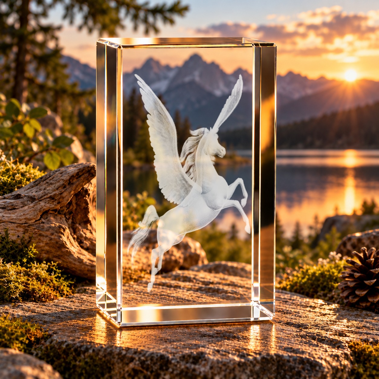 3D-Glaskristall Pegasus mit geflügeltem Pferd als Lasergravur im Glasquader, von der Abendsonne beleuchtet
