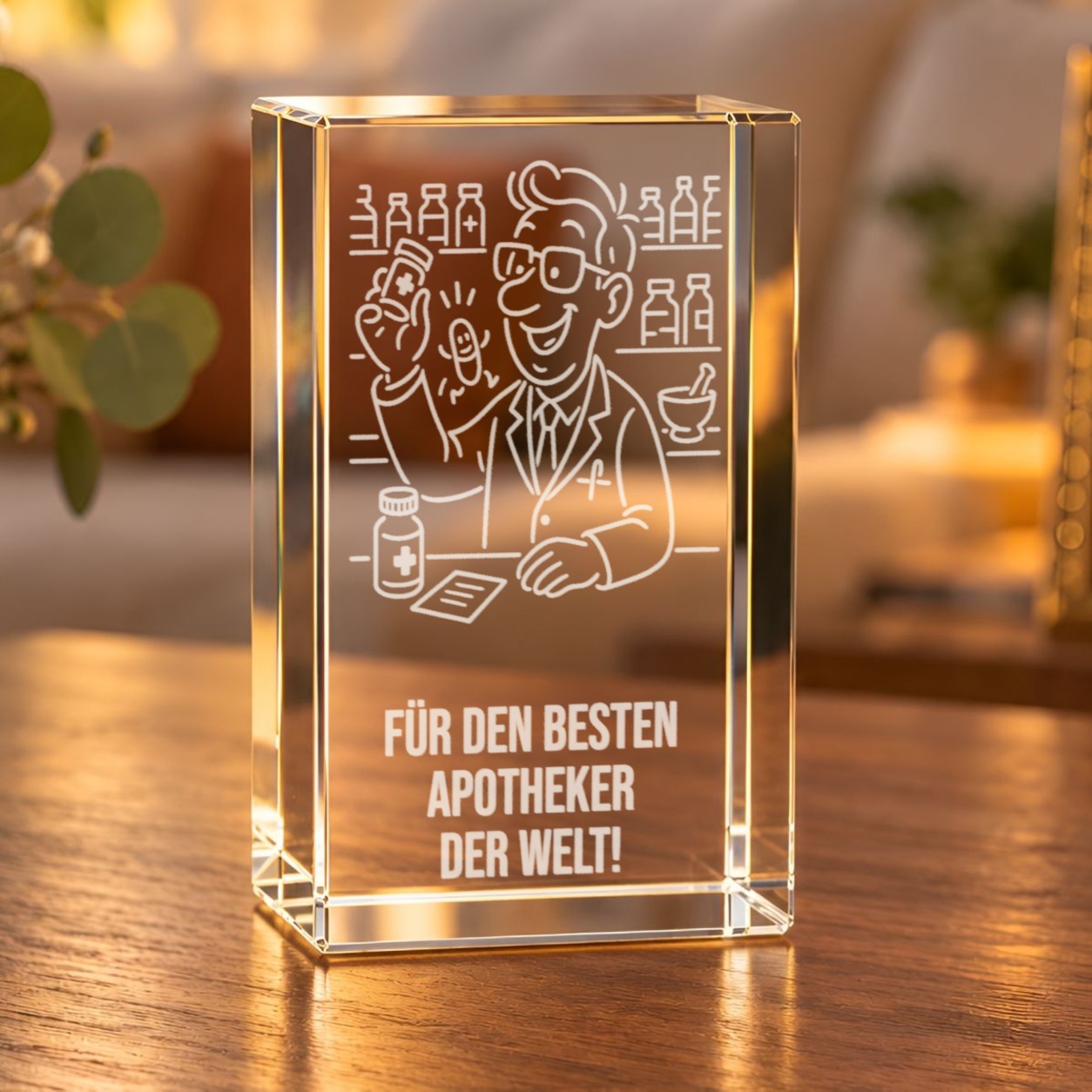 Glaskristall Apotheker mit 3D-Laserinnengravur auf einem Holztisch im Wohnraum, warm beleuchtet