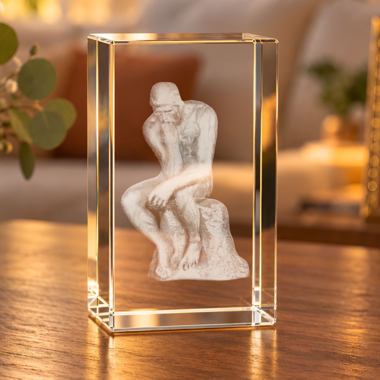 Glaskristall Der Denker mit 3D-Laserinnengravur der Rodin-Skulptur, aufrecht auf einem Holztisch im Wohnzimmer
