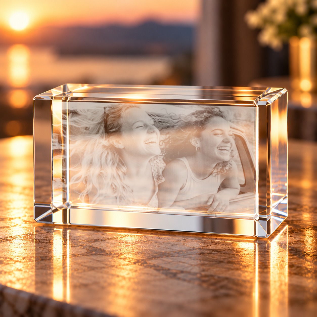 Glaskristall mit Foto und Wunschtext als personalisiertes Fotogeschenk im Querformat