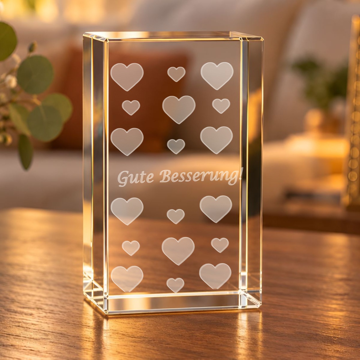 Glaskristall Gute Besserung mit gravierten Herzen auf einem Holztisch im Wohnraum