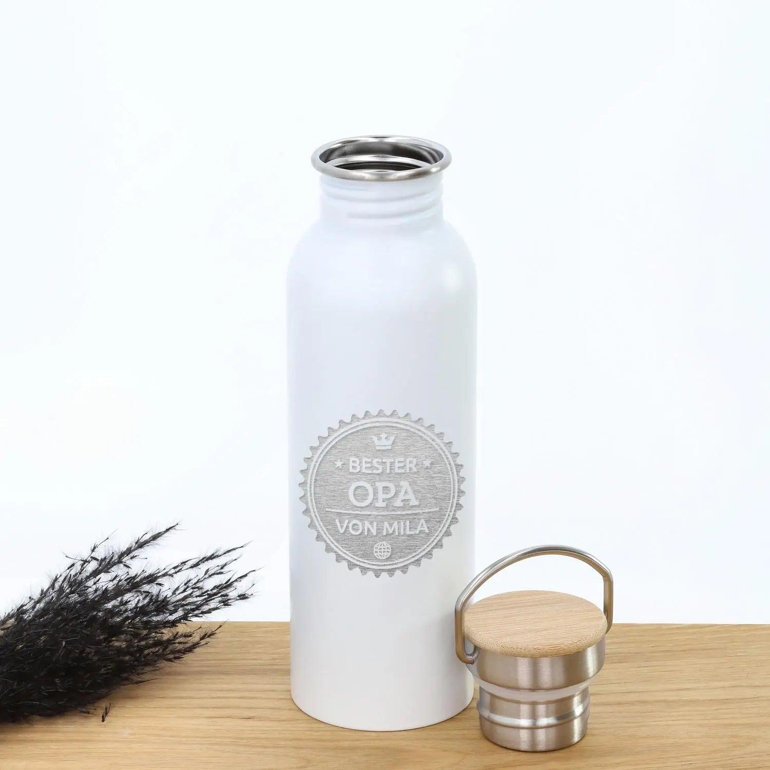 Edelstahl Trinkflasche personalisiert mit Bambus-Deckel in weiß (700 ml)