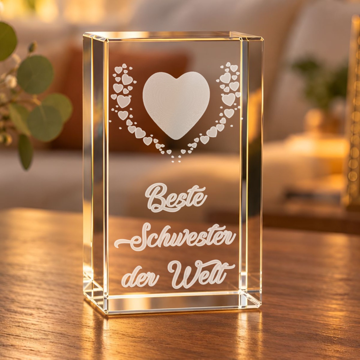 3D-Glaskristall Beste Schwester der Welt mit Herz und Herzkranz als Laserinnengravur, im Wohnraum auf einem Holztisch