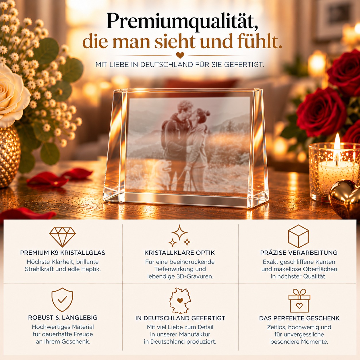Personalisierter Glaskristall mit Foto und Wunschtext, freistehend, von schräg vorn fotografiert