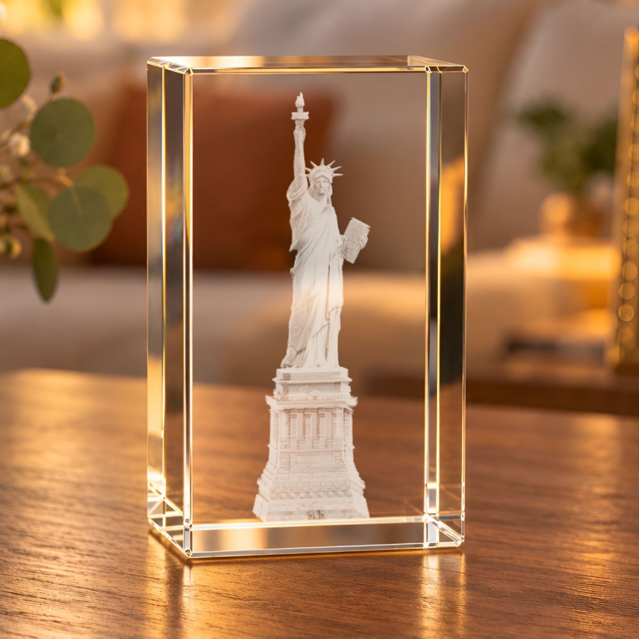 3D-Glaskristall Freiheitsstatue als Glasquader mit Laserinnengravur auf einem Holztisch im Wohnzimmer