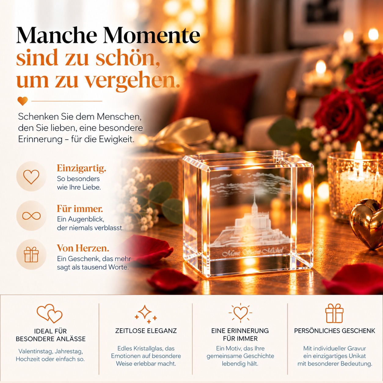 Glaswürfel aus optischem Kristallglas mit gravierter Klosterinsel Mont Saint-Michel als Geschenk für Frankreich-Fans