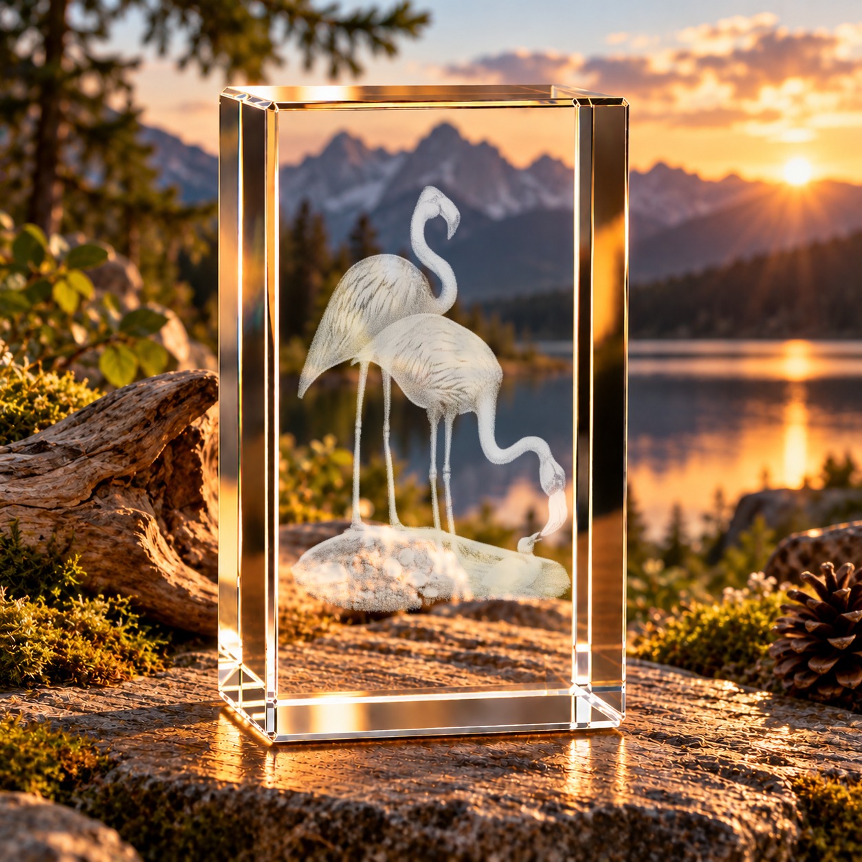 3D-Glaskristall Flamingo mit Laser-Innengravur zweier Flamingos und eines Kükens, aufgestellt auf einem Felsen im warmen Abendlicht