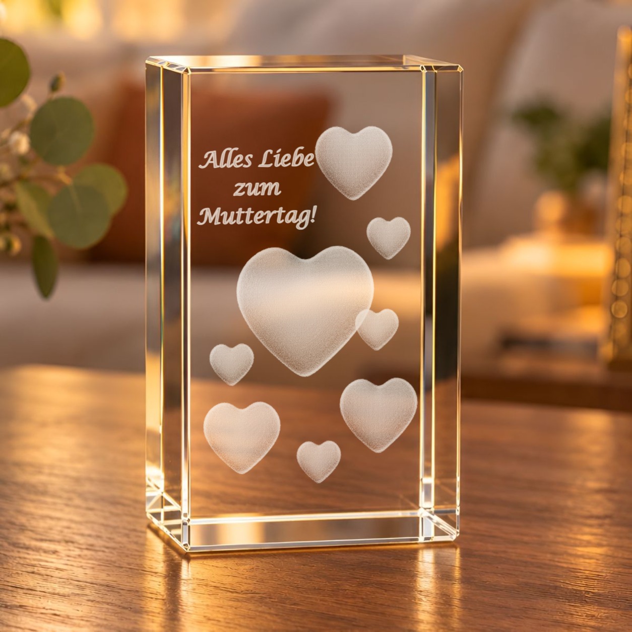 Glaskristall Herzen mit Gravur „Alles Liebe zum Muttertag!“ auf einem Holztisch im Wohnzimmer