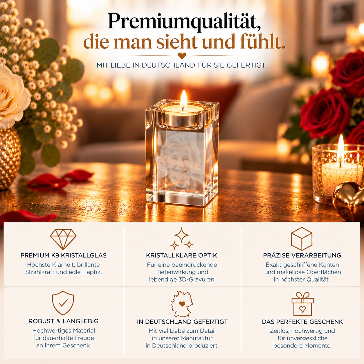 Personalisierter Teelichthalter aus Kristallglas mit eingraviertem Foto als Geschenk