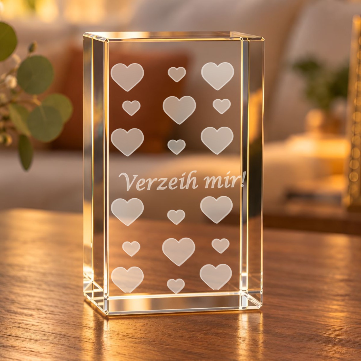 3D-Glaskristall Verzeih mir mit Herzen und Schriftzug auf einem Holztisch im Wohnraum bei warmem Licht