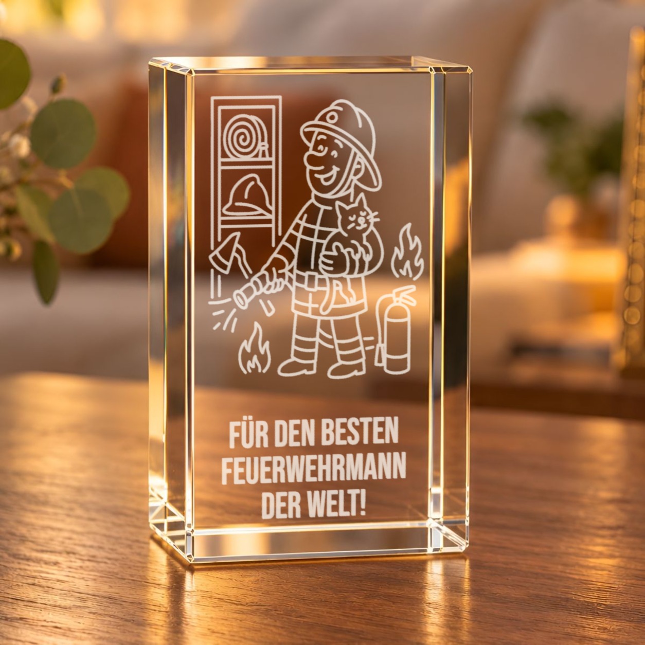 Glaskristall Feuerwehrmann mit Katze: 3D-Innengravur im Glasquader auf einem Holztisch im Wohnzimmer