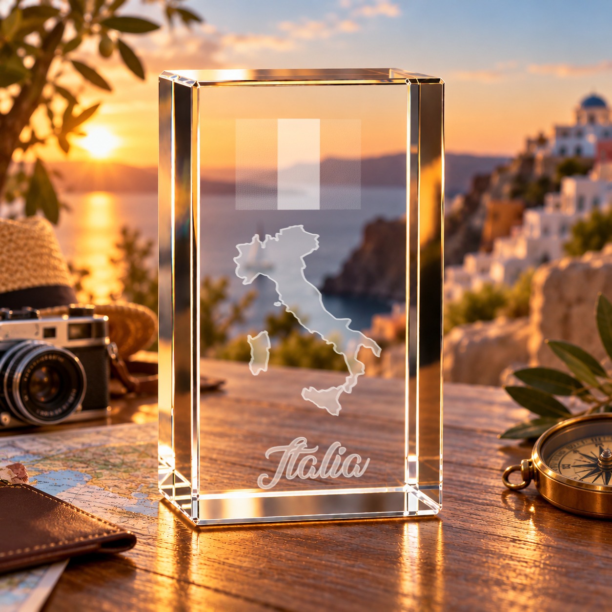 3D-Glaskristall Italien mit Landkarte und Flagge – Hauptbild