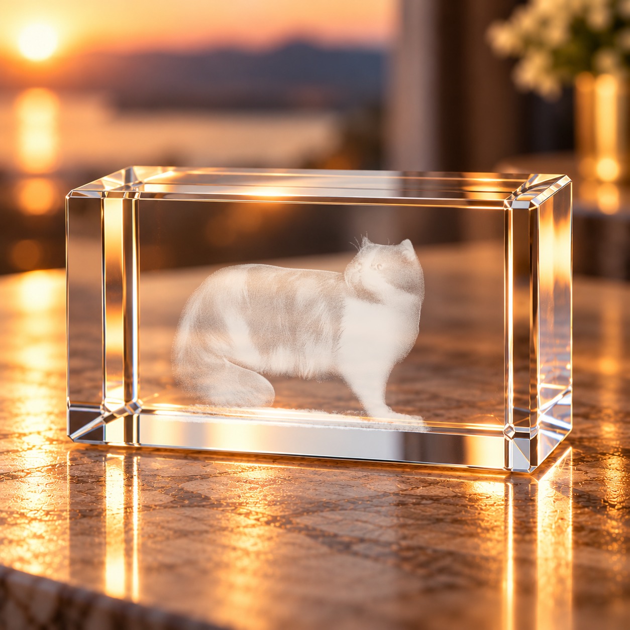 3D-Glaskristall Katze: Glasquader mit gravierter Katze im Wohnraum auf einer Anrichte bei warmem Abendlicht