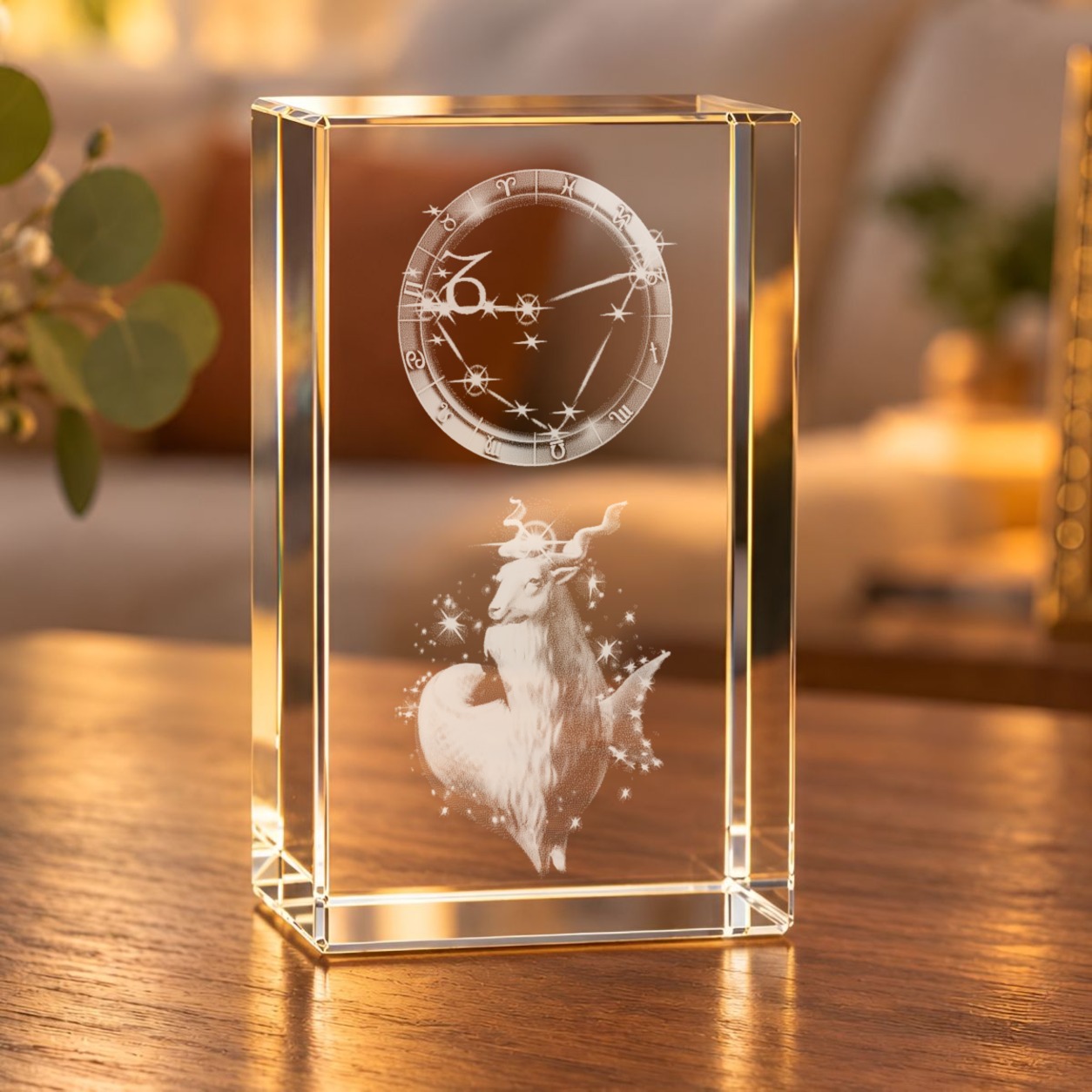 Glaskristall Steinbock: 3D-Glasquader mit Tierkreis, Sternbild und Steinbock-Motiv auf einem Holztisch im Wohnzimmer