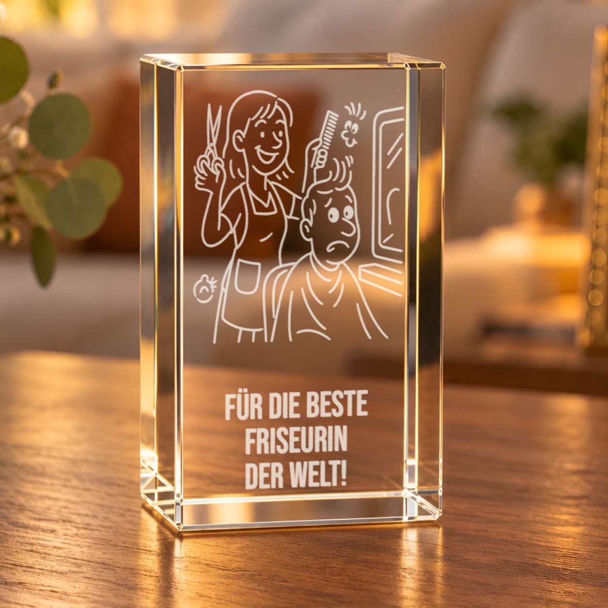 Glaskristall Friseurin mit Cartoon-Motiv und Schriftzug „Für die beste Friseurin der Welt!“ auf einem Holztisch im Wohnraum