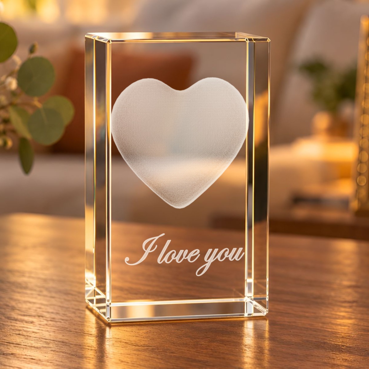 Glaskristall Herz mit 3D-Gravur und Schriftzug „I love you“ auf einem Holztisch im Wohnzimmer bei warmem Licht