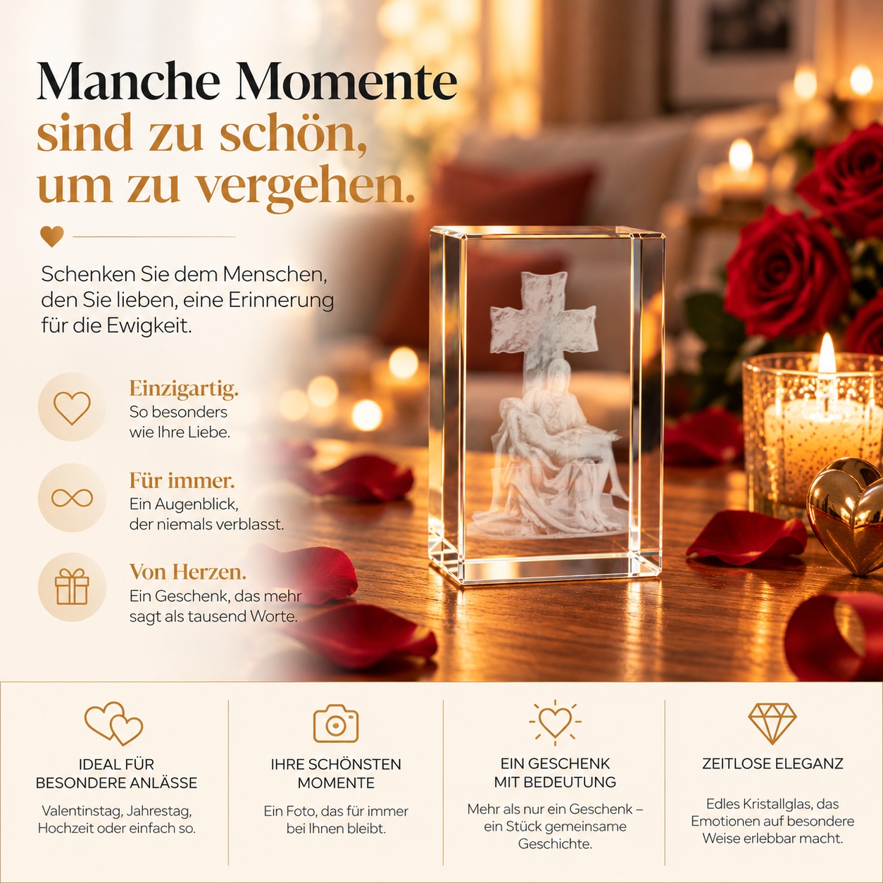 Glasquader mit Pietà-Motiv als religiöses Geschenk, klares Kristallglas mit polierten Kanten
