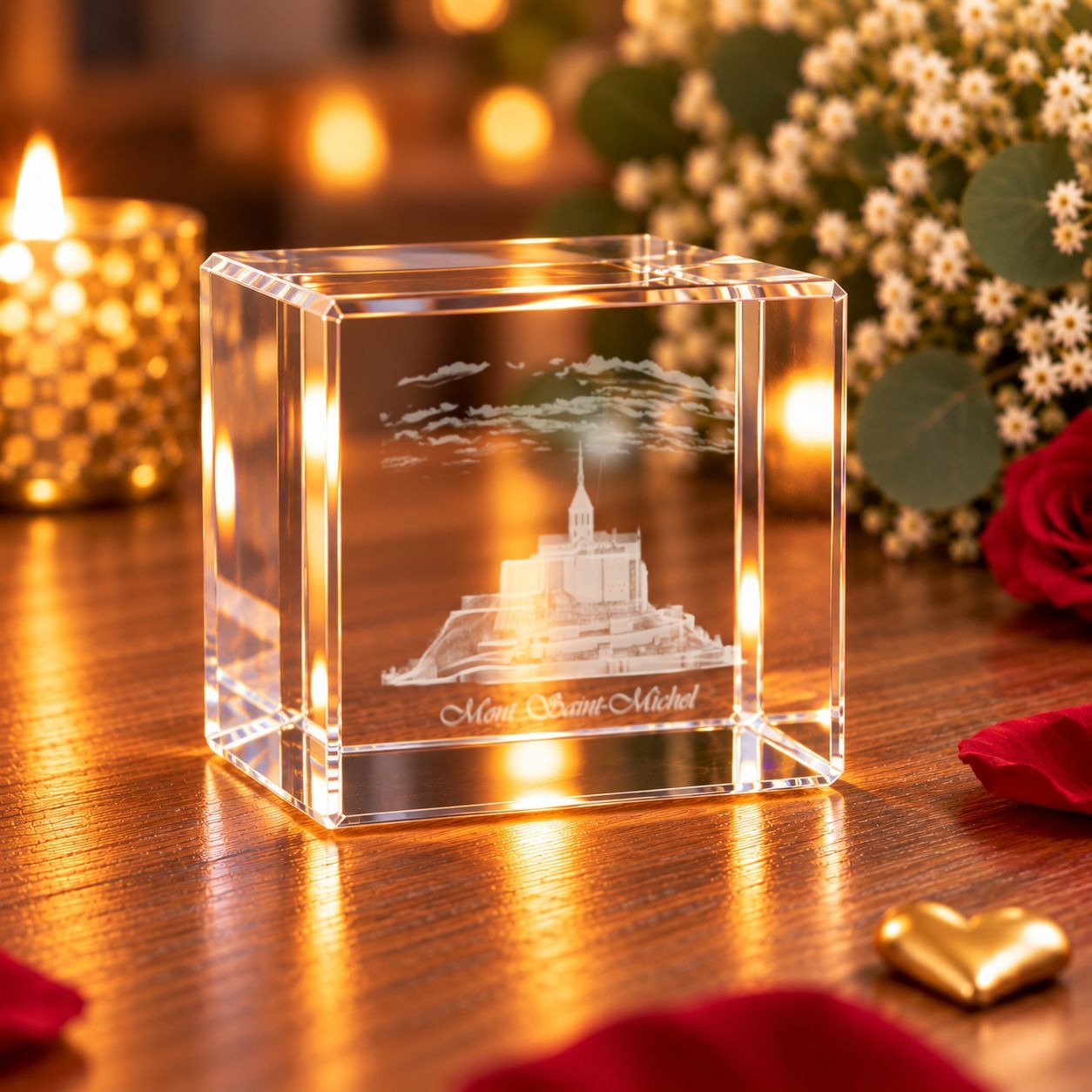 Glaskristall Mont Saint-Michel mit 3D-Laserinnengravur auf einem Holztisch zwischen Kerzen, roten Rosen und Schleierkraut